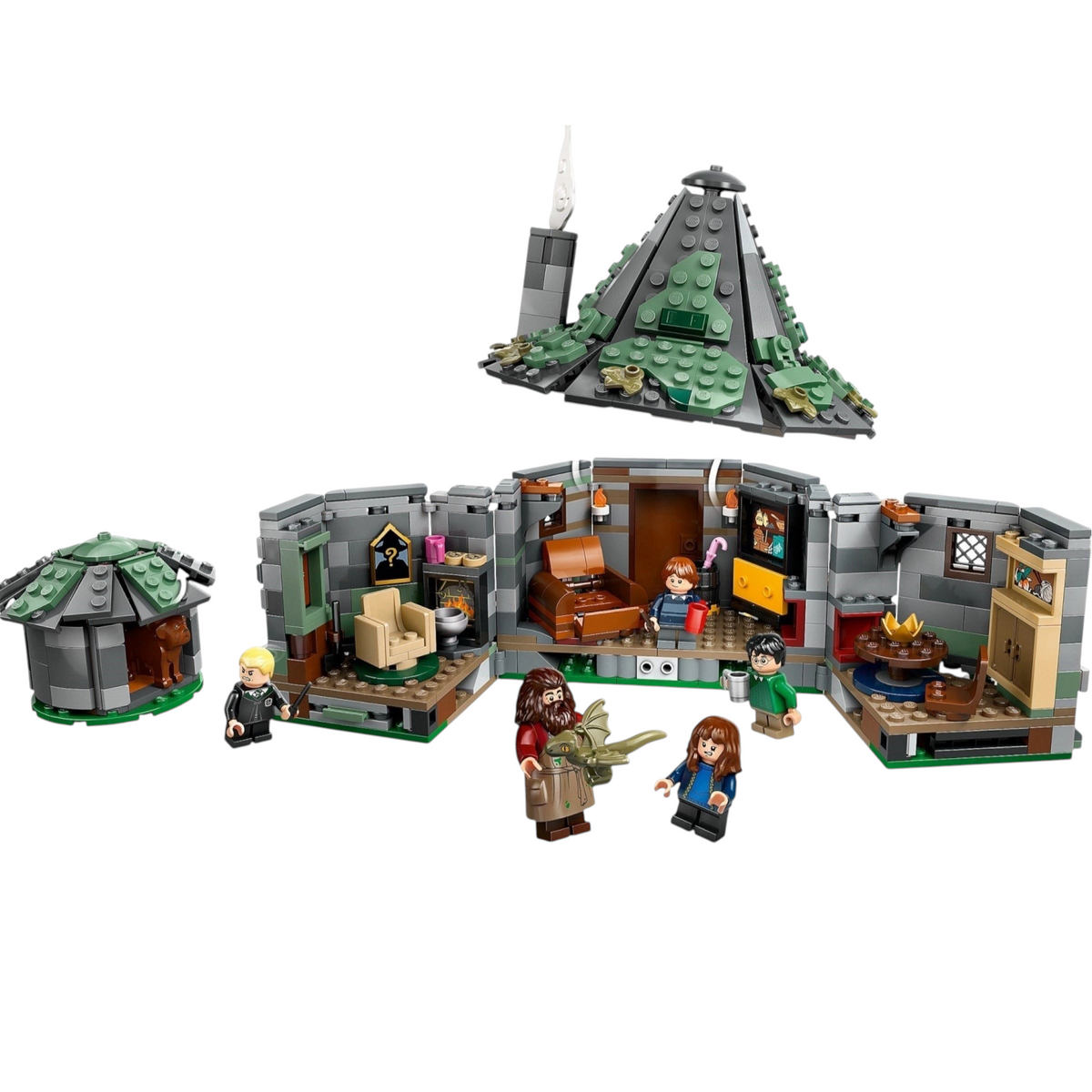 [built-detail] A Brick Apart LEGO Harry Potter Hagrid's Hut set with removable roof, interior details, and five character minifigures.