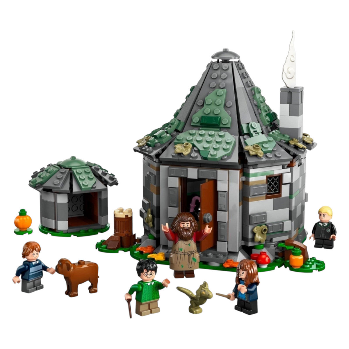 [built-white] A Brick Apart LEGO Harry Potter Hagrid's Hut set with minifigures of Harry, Ron, Hermione, Draco, and Hagrid.