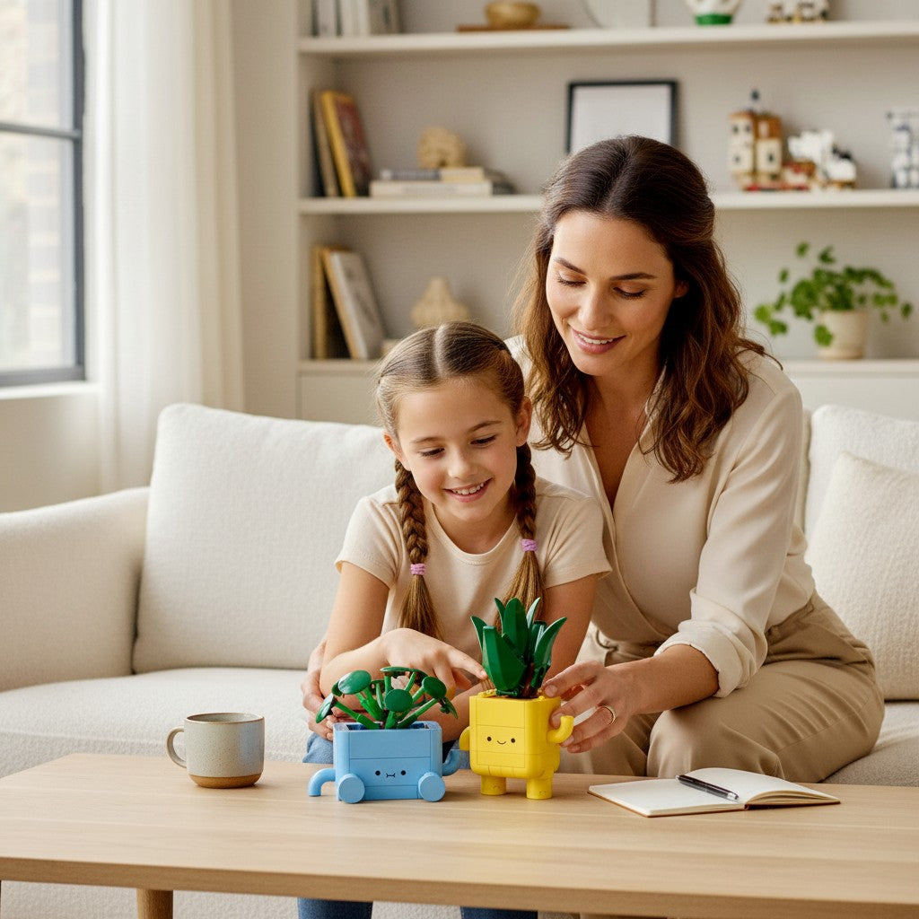 A Brick Apart LEGO Botanicals Happy Plants set with a mother and daughter building the dracaena and pilea plant figures.