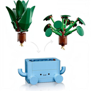 A Brick Apart LEGO Botanicals Happy Plants set featuring a buildable dracaena and pilea with a blue cartoon face pot.