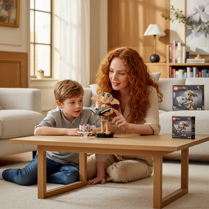 A Brick Apart LEGO Harry Potter Dobby figure being assembled by a woman and a boy in a bright, modern living room.