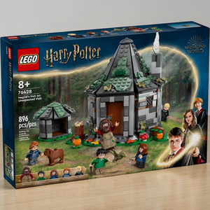 [lifestyle-shelf-box] A Brick Apart LEGO Harry Potter Hagrid's Hut set 76428 featuring the buildable hut, minifigures, and Fang the dog.