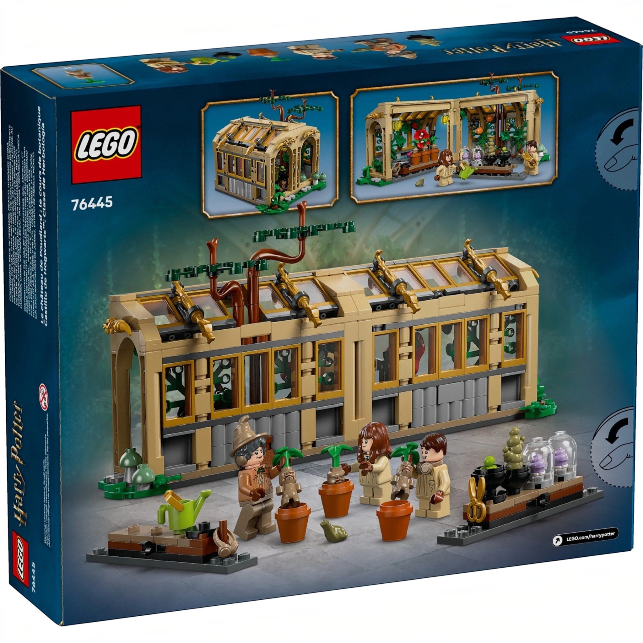 A Brick Apart LEGO Harry Potter Herbology Class set box showing the greenhouse, minifigures, and Mandrake plants.