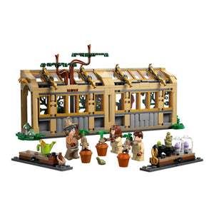 A Brick Apart LEGO Harry Potter Herbology Class set with greenhouse, Neville, Hermione, Professor Sprout, and Mandrakes.