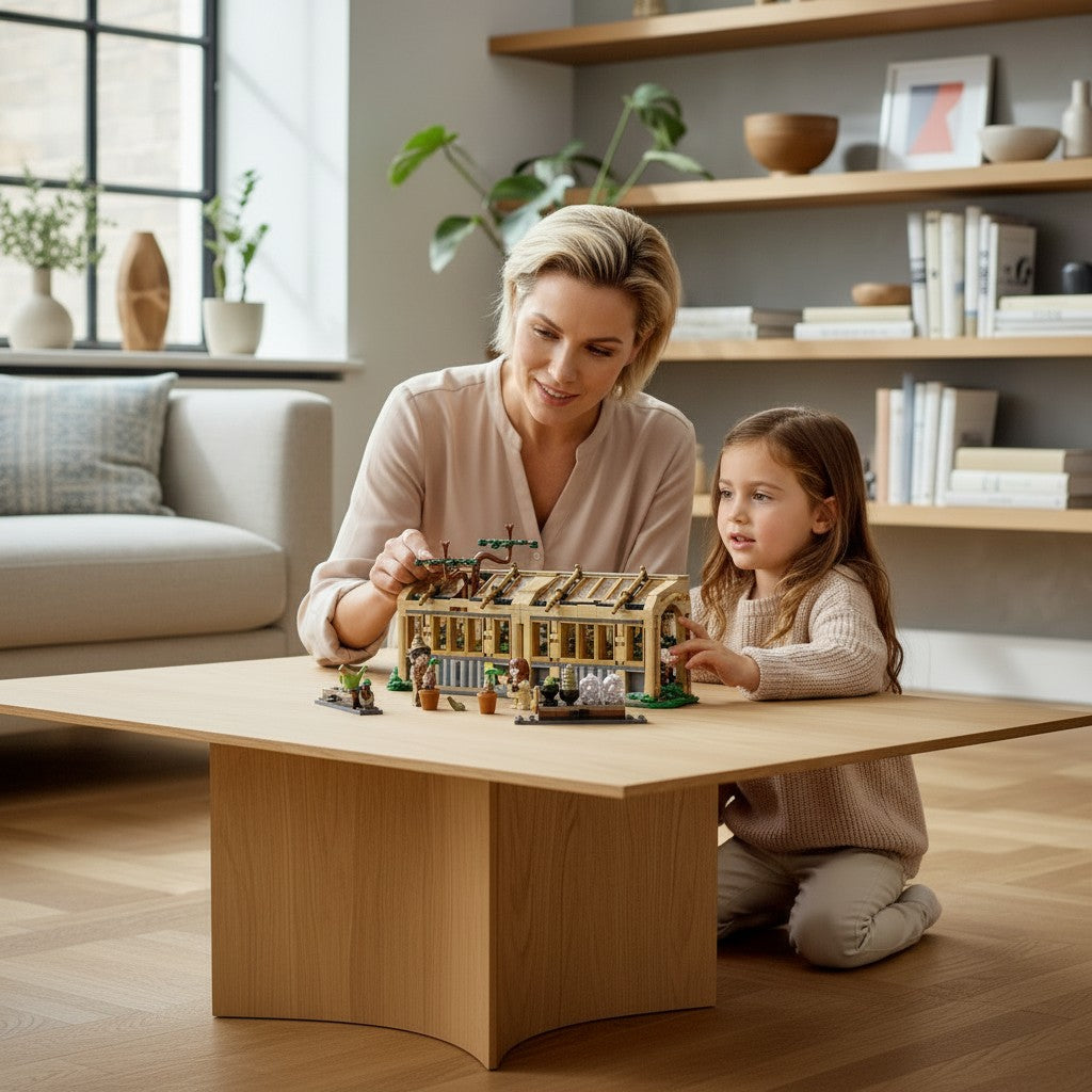 A Brick Apart LEGO Harry Potter Herbology Class set being built by a woman and a young girl in a bright living room.