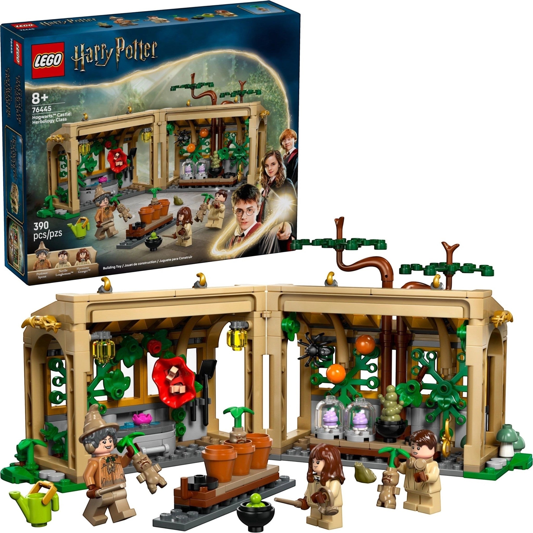 A Brick Apart LEGO Harry Potter Herbology Class set featuring a buildable greenhouse, Mandrake plants, and minifigures.
