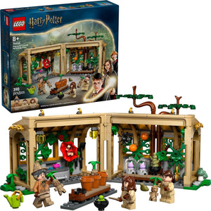 A Brick Apart LEGO Harry Potter Herbology Class set featuring a buildable greenhouse, Mandrake plants, and minifigures.