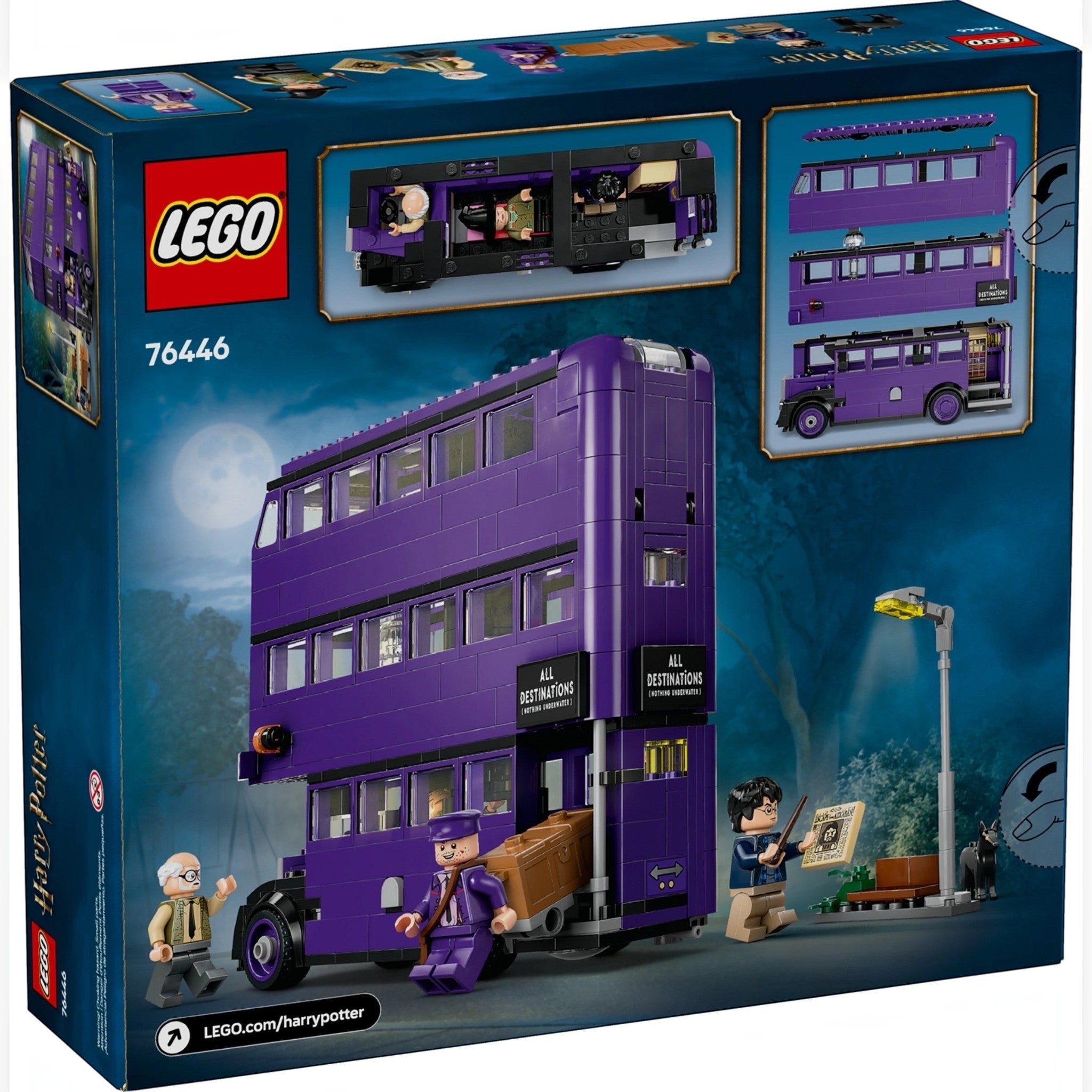 A Brick Apart LEGO Harry Potter Knight Bus set box showing the purple triple-decker bus, minifigures, and accessories.