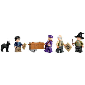 A Brick Apart LEGO Harry Potter minifigures including Harry, Ernie Prang, Stan Shunpike, a witch, and Padfoot dog.
