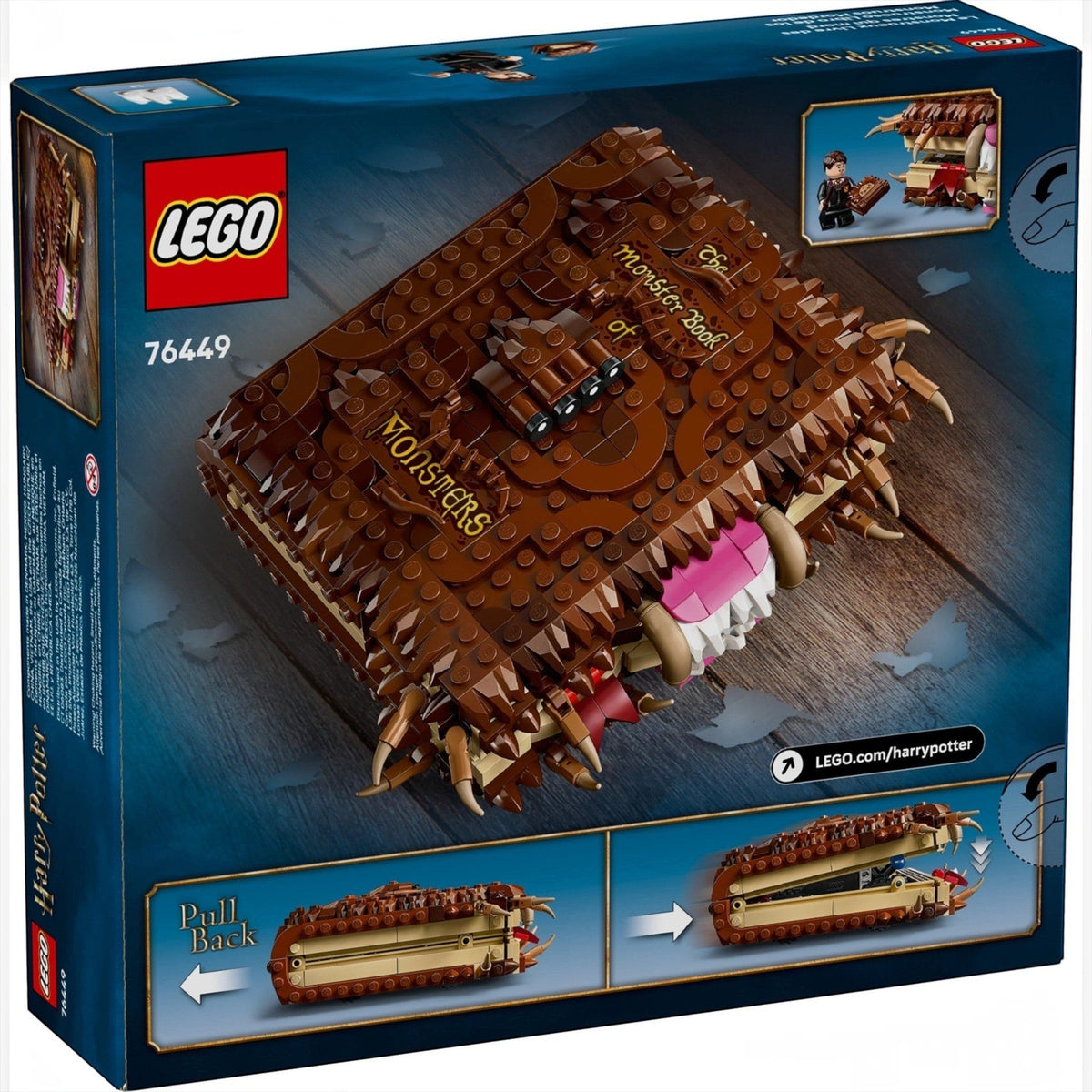 [box-back] A Brick Apart LEGO Harry Potter Chomping Monster Book of Monsters set box showing the brick-built book and features.