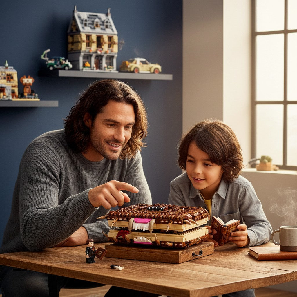 A Brick Apart LEGO Harry Potter Monster Book of Monsters set being built by a father and son at a wooden table.