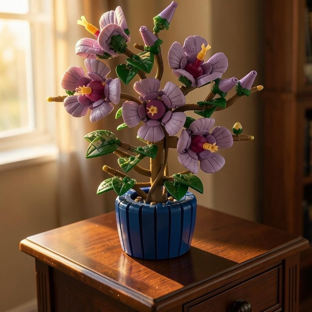 A Brick Apart LEGO Botanicals Hibiscus set featuring lavender flowers with yellow stamens in a dark blue display pot.