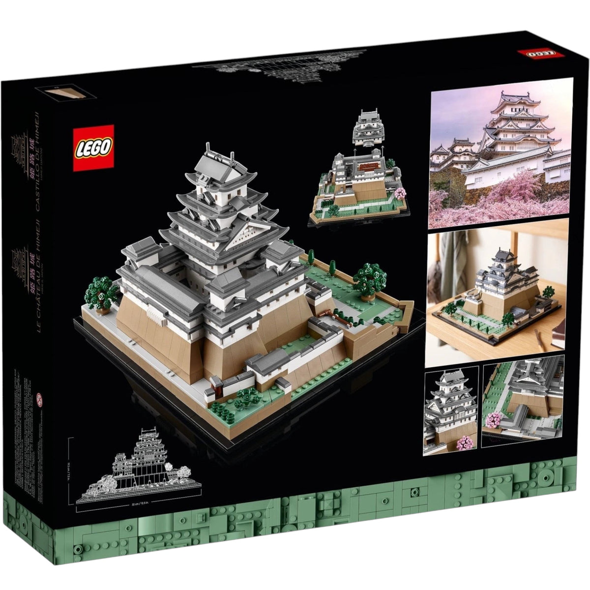 [box-back] A Brick Apart LEGO Architecture Himeji Castle set box showing the detailed white and grey model with cherry trees.