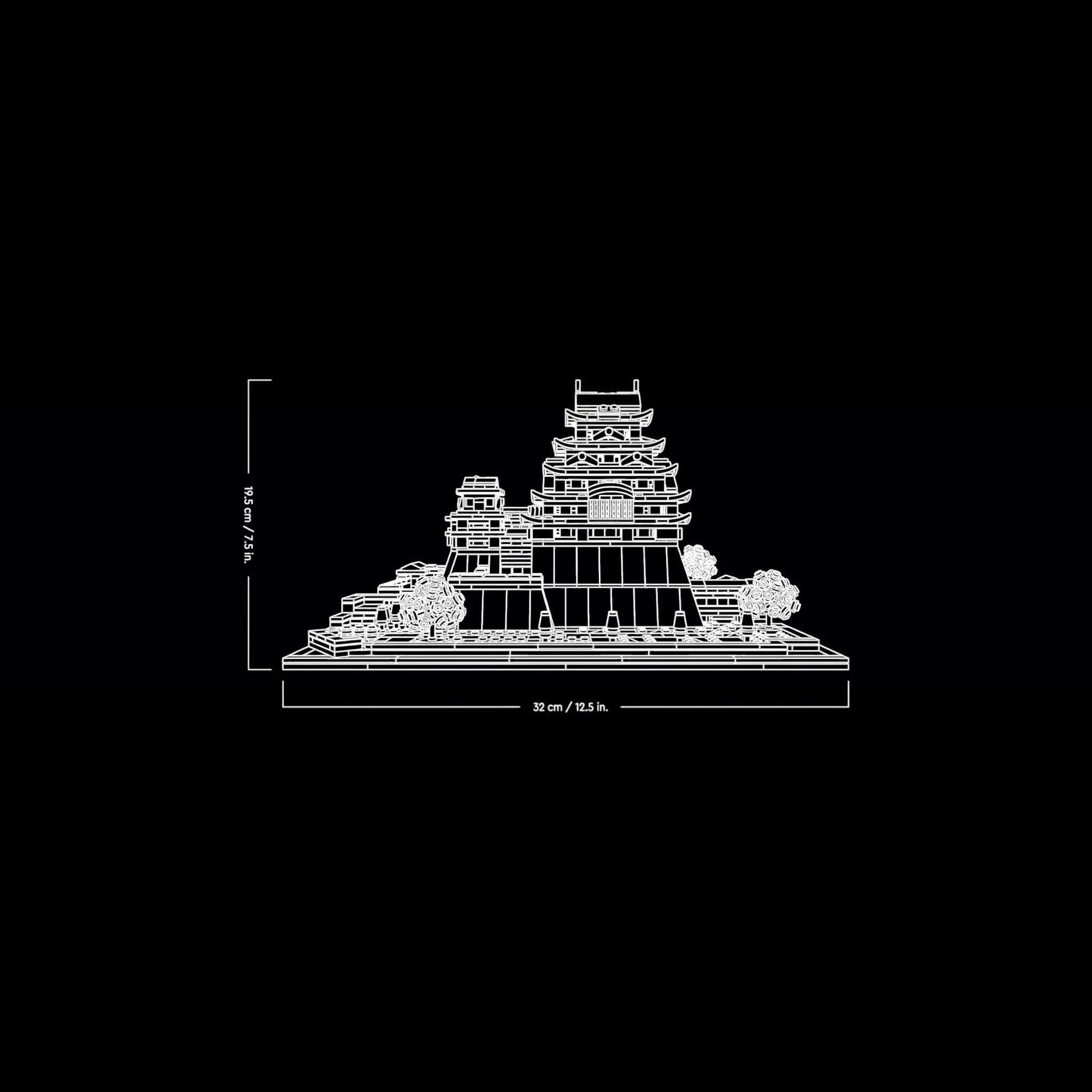 A Brick Apart LEGO Architecture Himeji Castle set outline diagram showing dimensions of 19.5cm height and 32cm width.