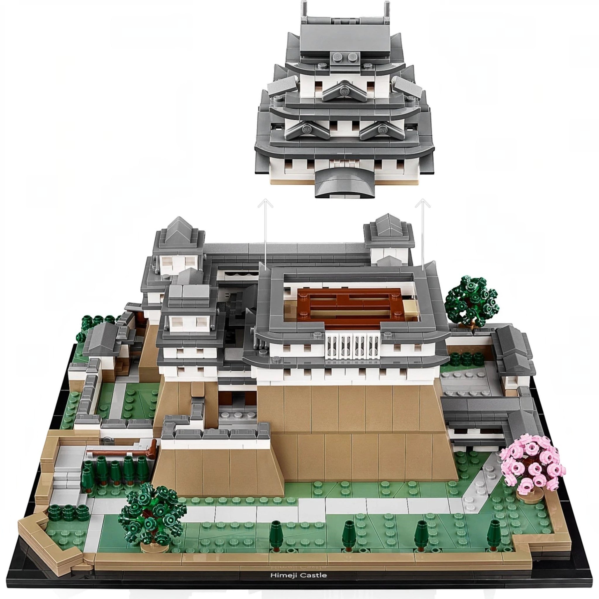 A Brick Apart LEGO Architecture Himeji Castle model with a removable roof section, cherry trees, and detailed stonework.