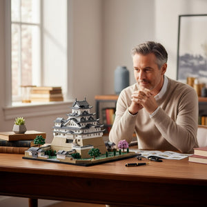 A Brick Apart LEGO Architecture Himeji Castle model displayed on a wooden desk with a man admiring the build.