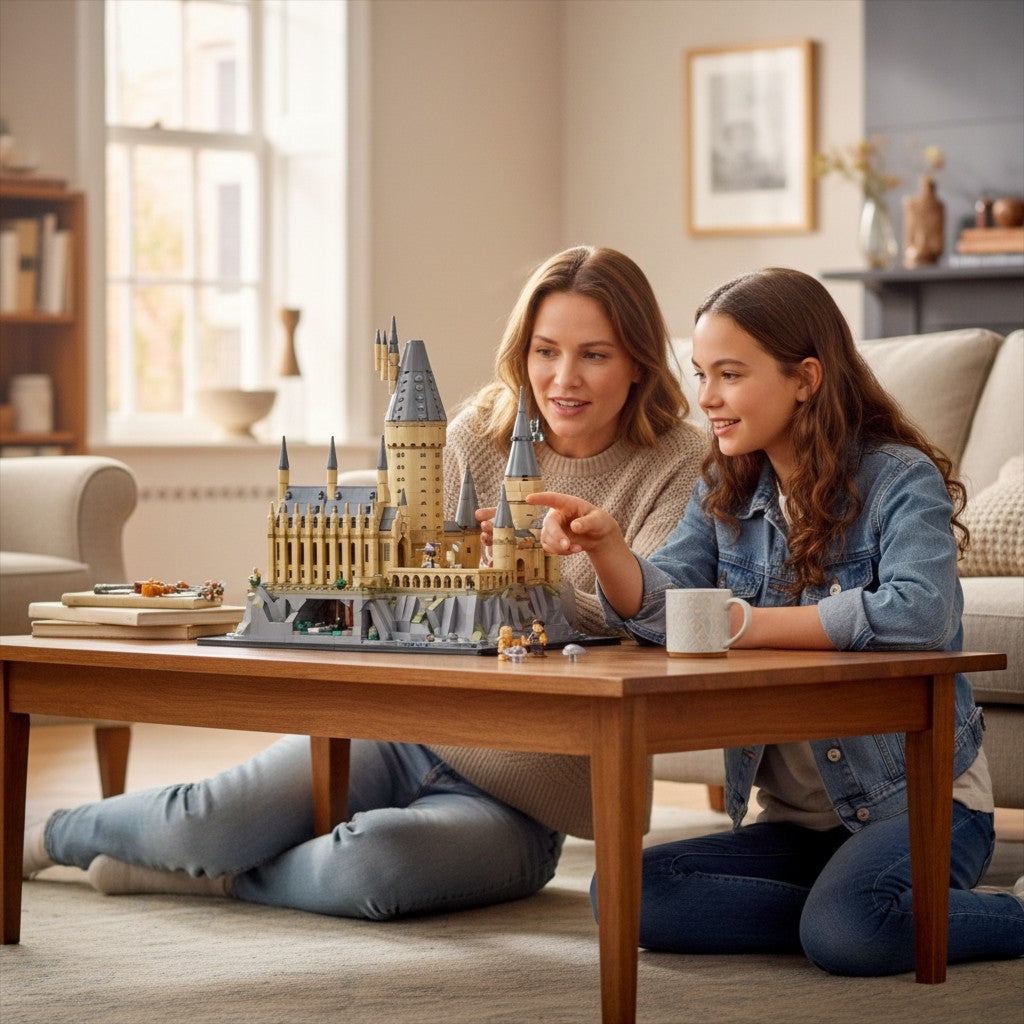 [lifestyle-person] A Brick Apart LEGO Harry Potter Hogwarts Castle and Grounds model displayed on a table with a woman and girl.