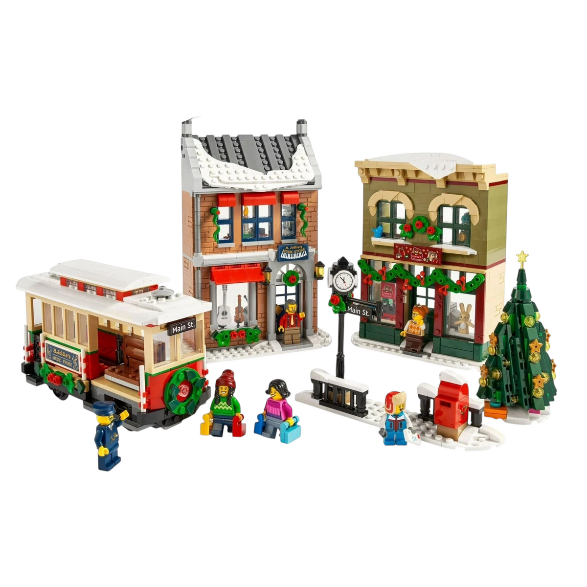 [built-white] A Brick Apart LEGO Holiday Main Street set featuring a festive streetcar, toy store, music store, and Christmas tree.