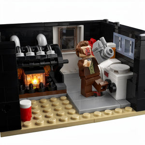 A Brick Apart LEGO Home Alone set basement scene featuring a minifigure of Harry with a light-up furnace feature.