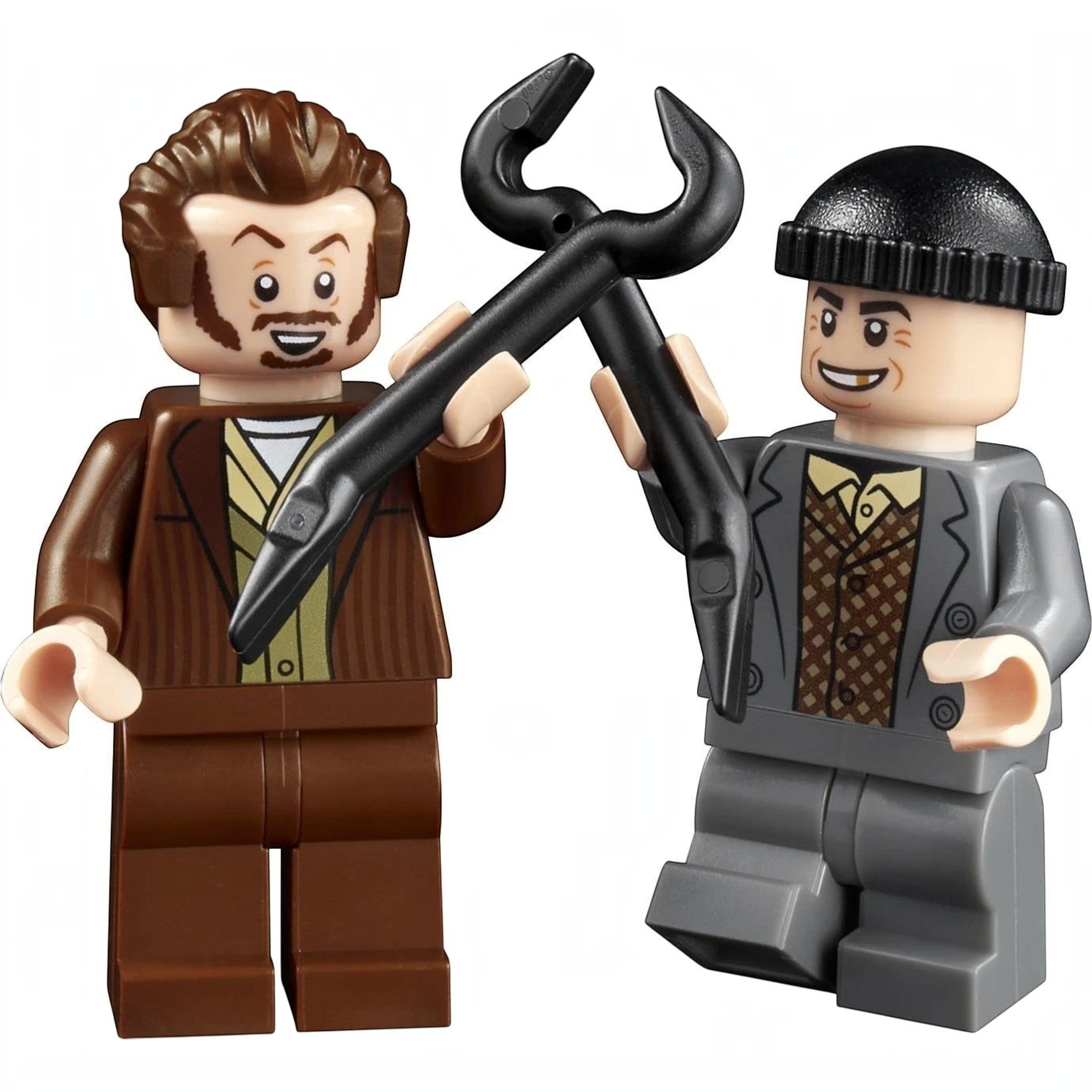 A Brick Apart LEGO Home Alone minifigures of Harry and Marv holding black crowbars from the 21330 set