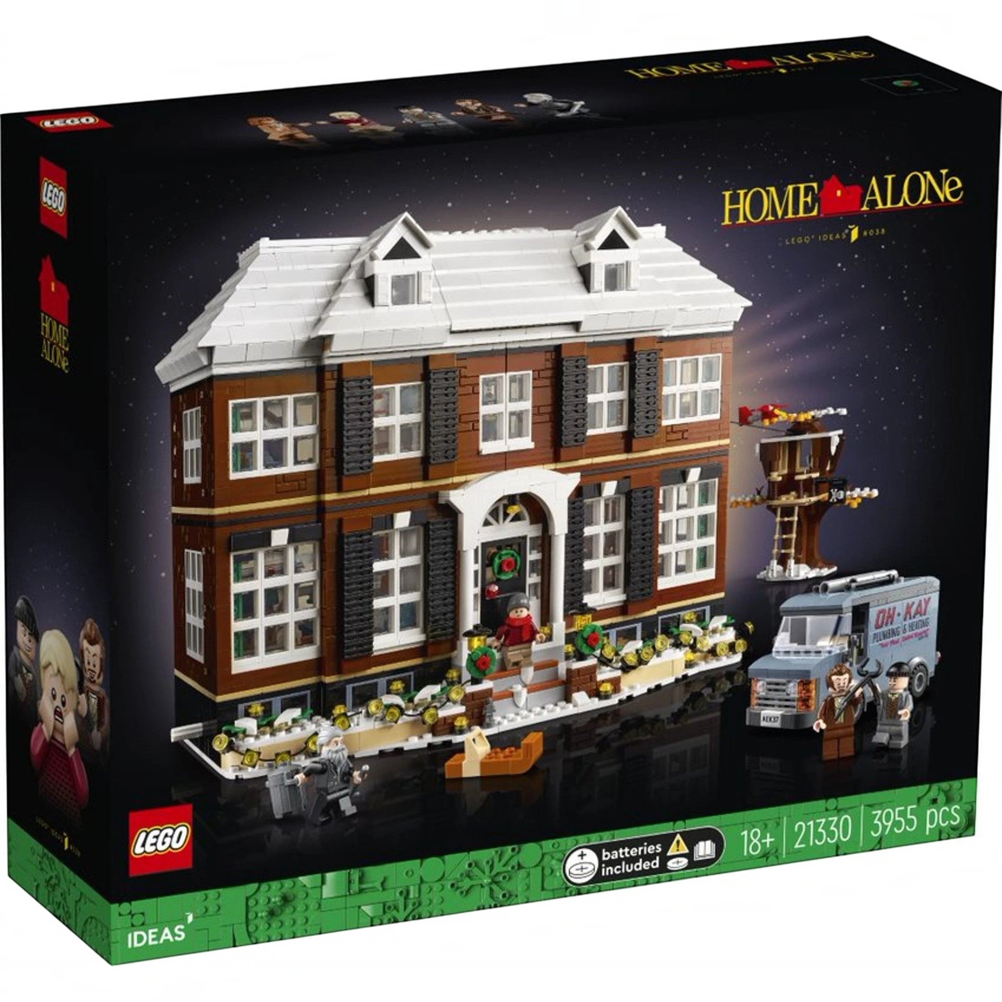 A Brick Apart LEGO Ideas Home Alone set box featuring the McCallisters house, minifigures, and the Oh-Kay plumbing van.