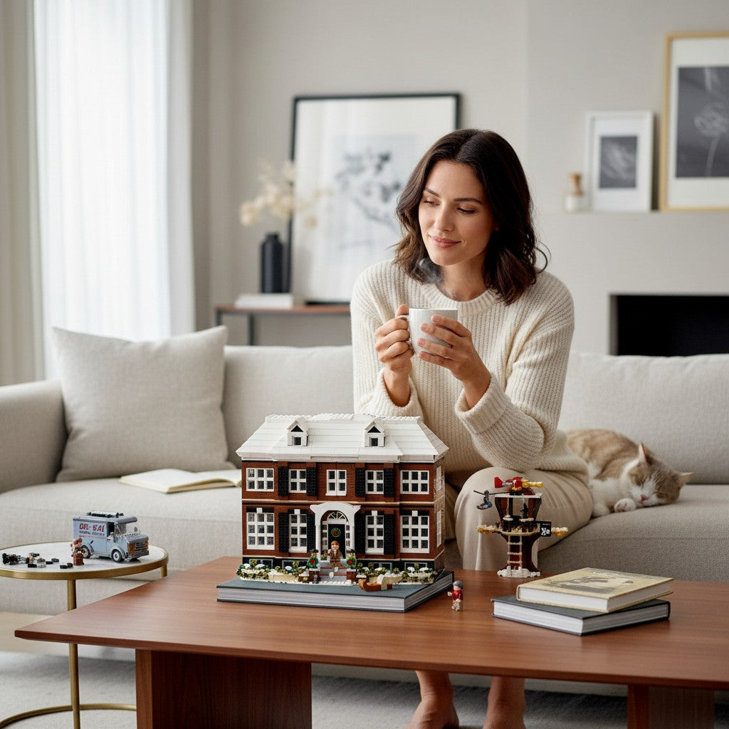A Brick Apart LEGO Ideas Home Alone house set displayed on a coffee table with a woman holding a mug in the background