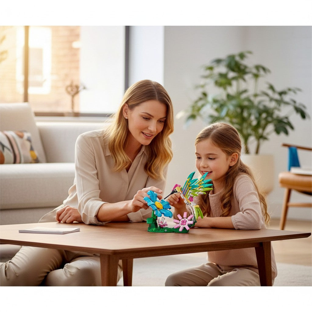 A Brick Apart LEGO Creator 3-in-1 Hummingbird set being built by a mother and daughter at a wooden table.