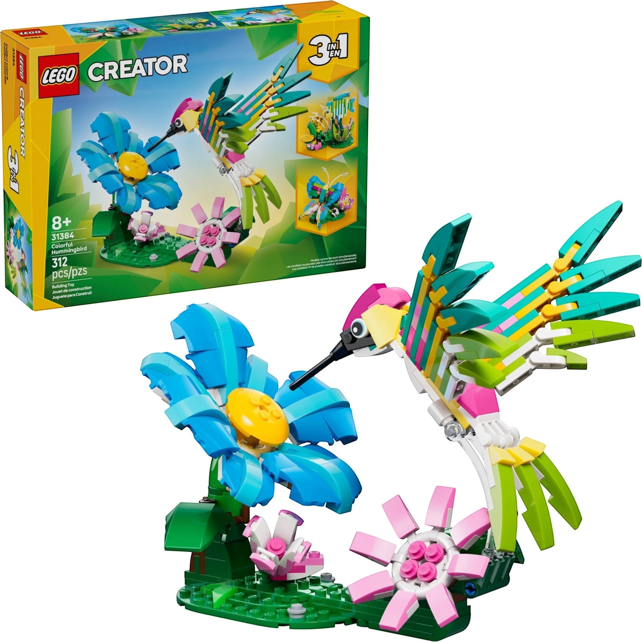 A Brick Apart LEGO Creator 3-in-1 Colourful Hummingbird set featuring a posable bird model with a blue flower.