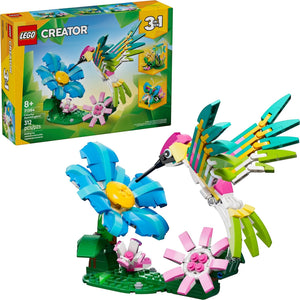 A Brick Apart LEGO Creator 3-in-1 Colourful Hummingbird set featuring a posable bird model with a blue flower.