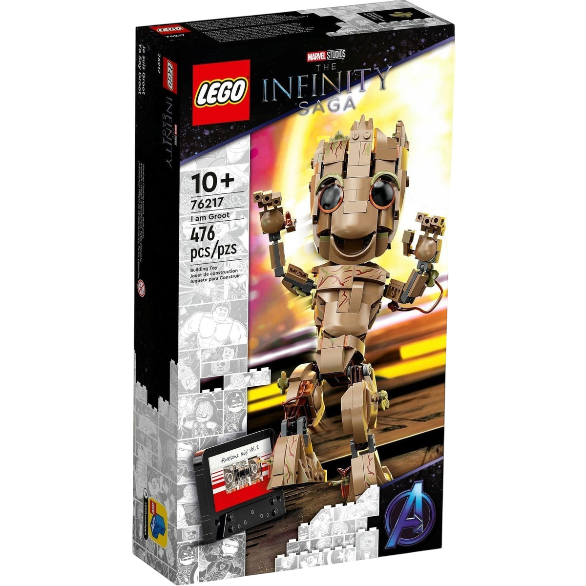 [box-front] A Brick Apart LEGO Marvel I am Groot building set box featuring a posable Baby Groot figure and cassette tape accessory