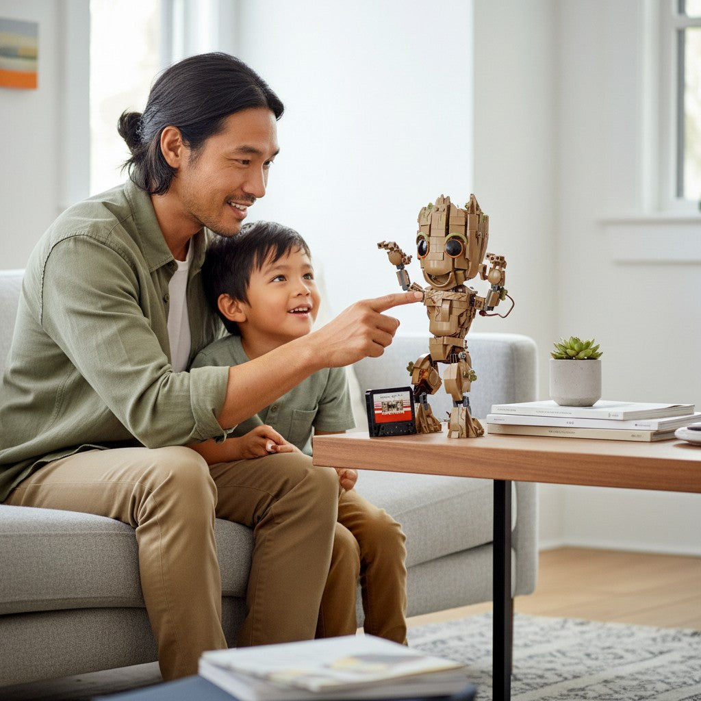 A Brick Apart LEGO Marvel I am Groot buildable figure with a pretend cassette tape, displayed by a father and son.