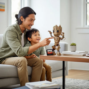 A Brick Apart LEGO Marvel I am Groot buildable figure with a pretend cassette tape, displayed by a father and son.
