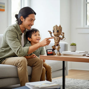 [lifestyle-person] A Brick Apart LEGO Marvel I am Groot buildable figure with a pretend cassette tape, displayed by a father and son.
