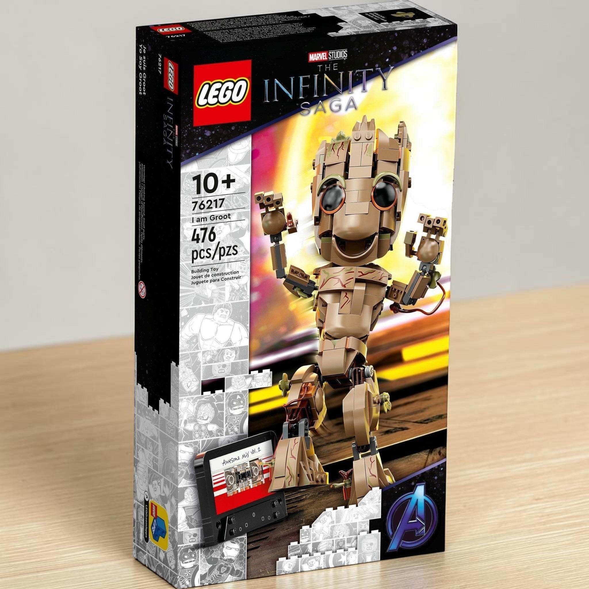 A Brick Apart LEGO Marvel I am Groot building set box featuring a posable Baby Groot figure and cassette tape accessory