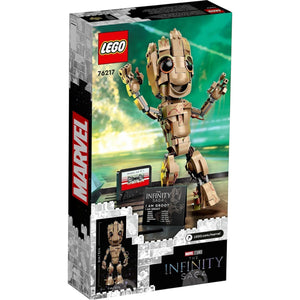[box-back] A Brick Apart LEGO Marvel I am Groot buildable model set featuring a posable Baby Groot figure and cassette tape.