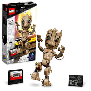 A Brick Apart LEGO Marvel I am Groot posable figure with a buildable cassette tape and display plaque next to its box.