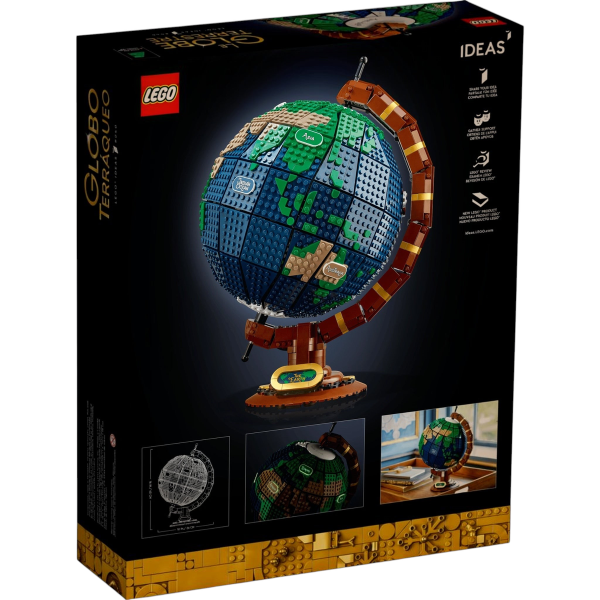 [box-back] A Brick Apart LEGO Ideas The Globe set box showing the buildable vintage Earth model with spinning Technic axis.