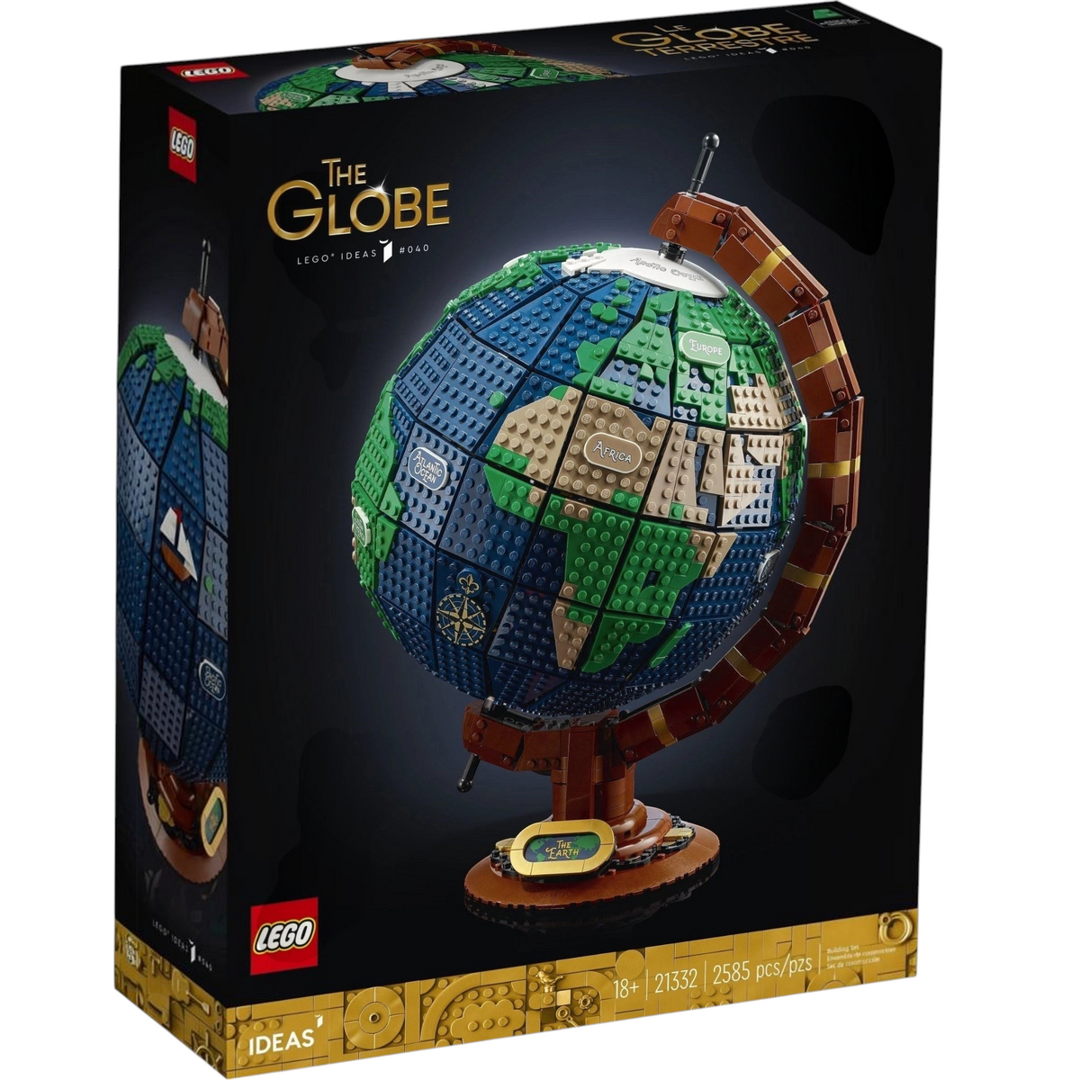[box-front] A Brick Apart LEGO Ideas The Globe set box featuring a buildable vintage Earth model with spinning axis and nameplate.