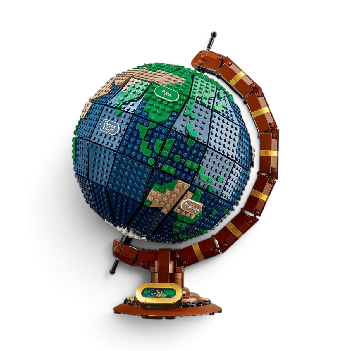 [built-angle] A Brick Apart LEGO Ideas The Globe set featuring a spinning vintage Earth model with glow-in-the-dark continent tiles.