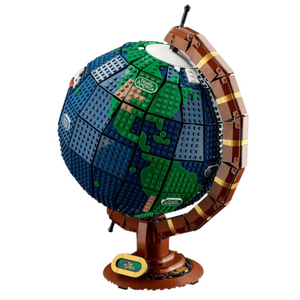 [built-angle] A Brick Apart LEGO Ideas The Globe set featuring a spinning vintage Earth model with blue and green brick continents.