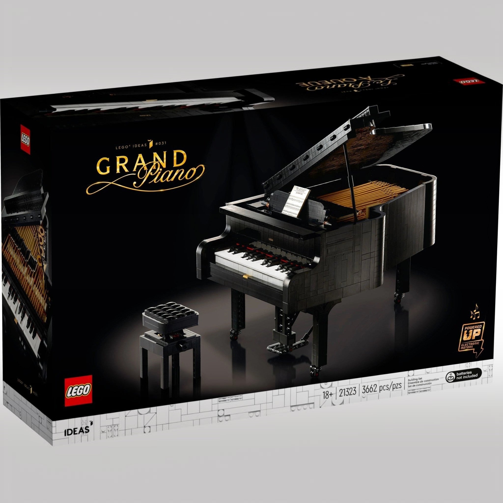 A Brick Apart LEGO Ideas Grand Piano set box featuring a black brick-built concert piano and adjustable bench.