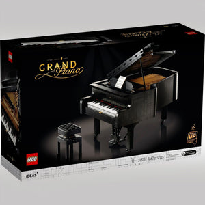 A Brick Apart LEGO Ideas Grand Piano set box featuring a black brick-built concert piano and adjustable bench.