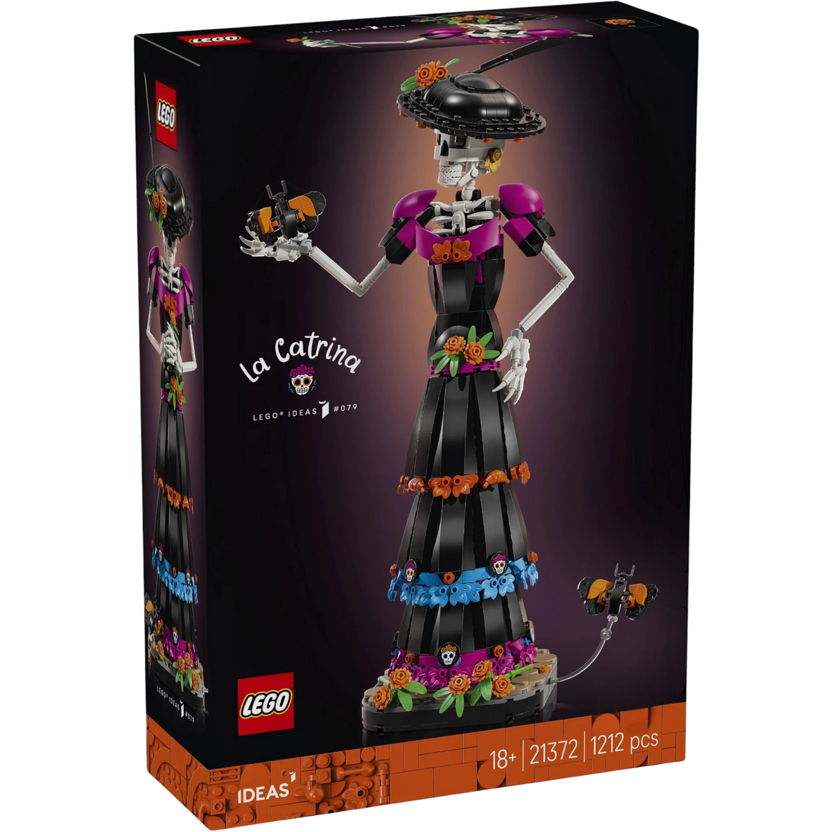 [box-front] A Brick Apart LEGO Ideas La Catrina set box featuring a detailed skeletal figurine with elegant black and purple dress.
