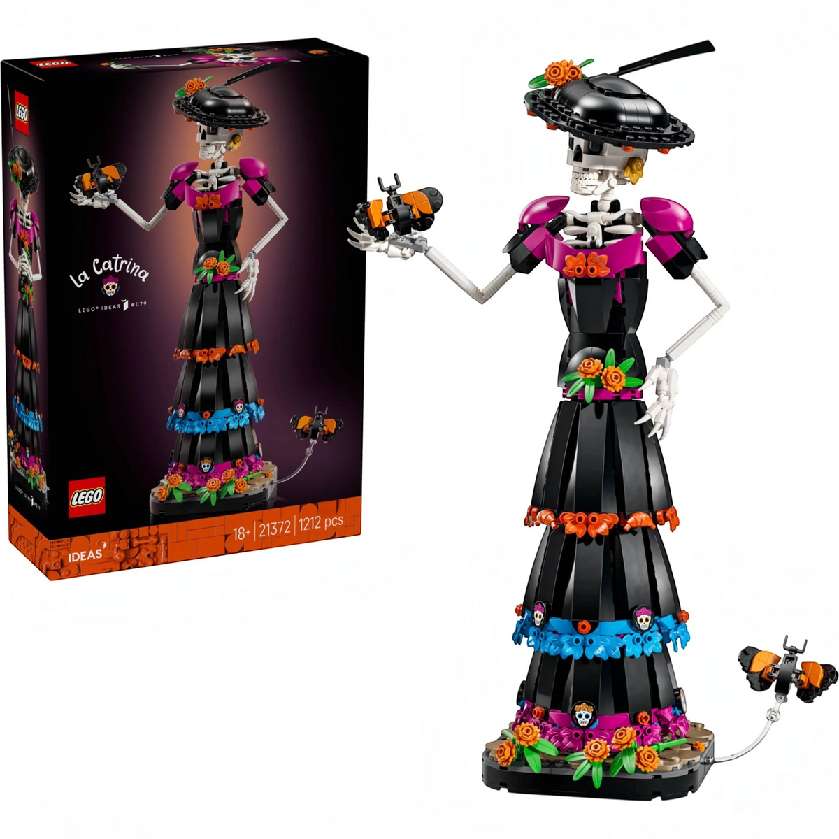 [box-set] A Brick Apart LEGO Ideas La Catrina figurine with skeletal features, ornate black dress, and monarch butterflies.