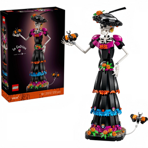 [box-set] A Brick Apart LEGO Ideas La Catrina figurine with skeletal features, ornate black dress, and monarch butterflies.