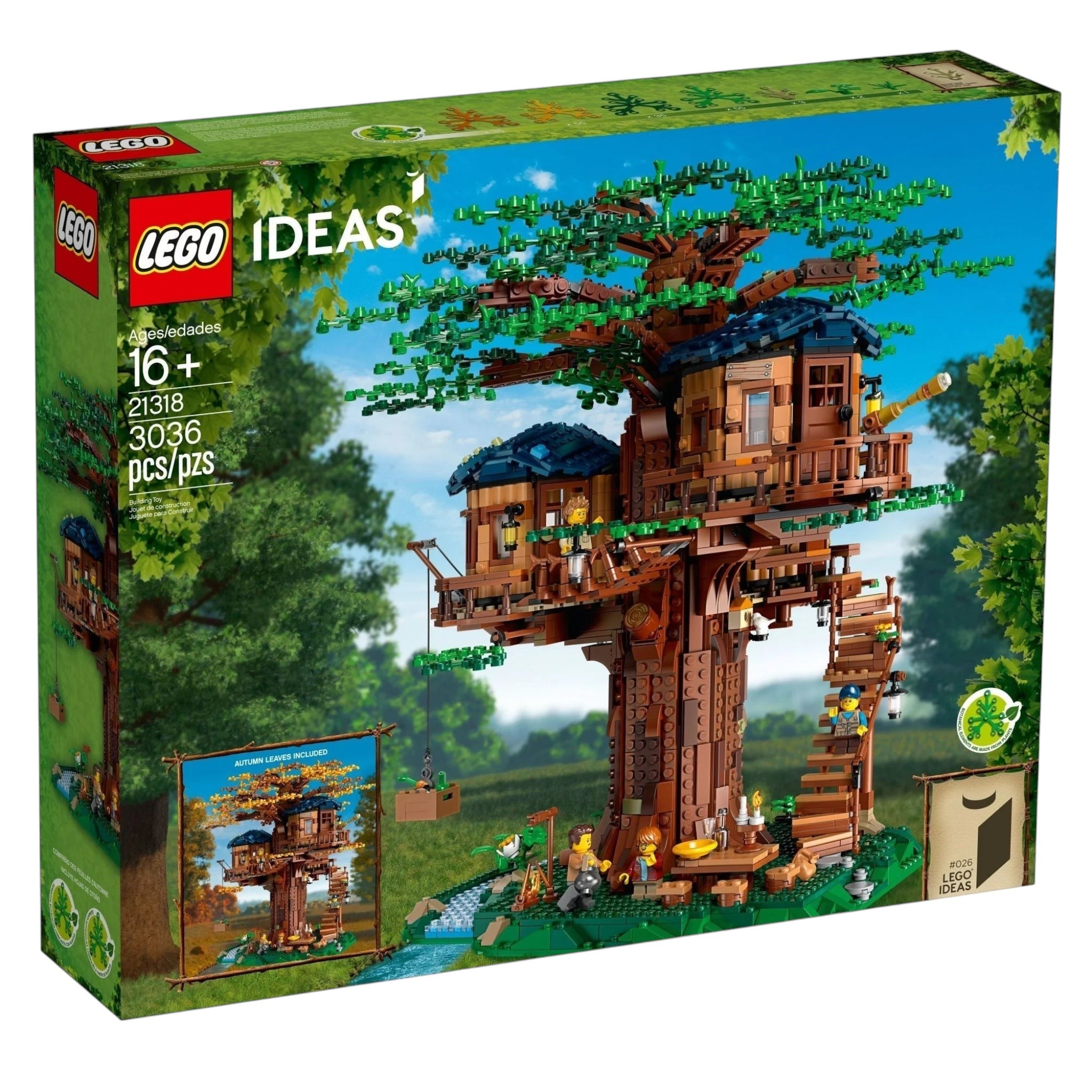 A Brick Apart LEGO Ideas Tree House 21318 set box featuring a detailed treehouse model with cabins and green leaves.