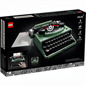 A Brick Apart LEGO Ideas 21327 Typewriter set box showing the green brick-built model and included signed letter.