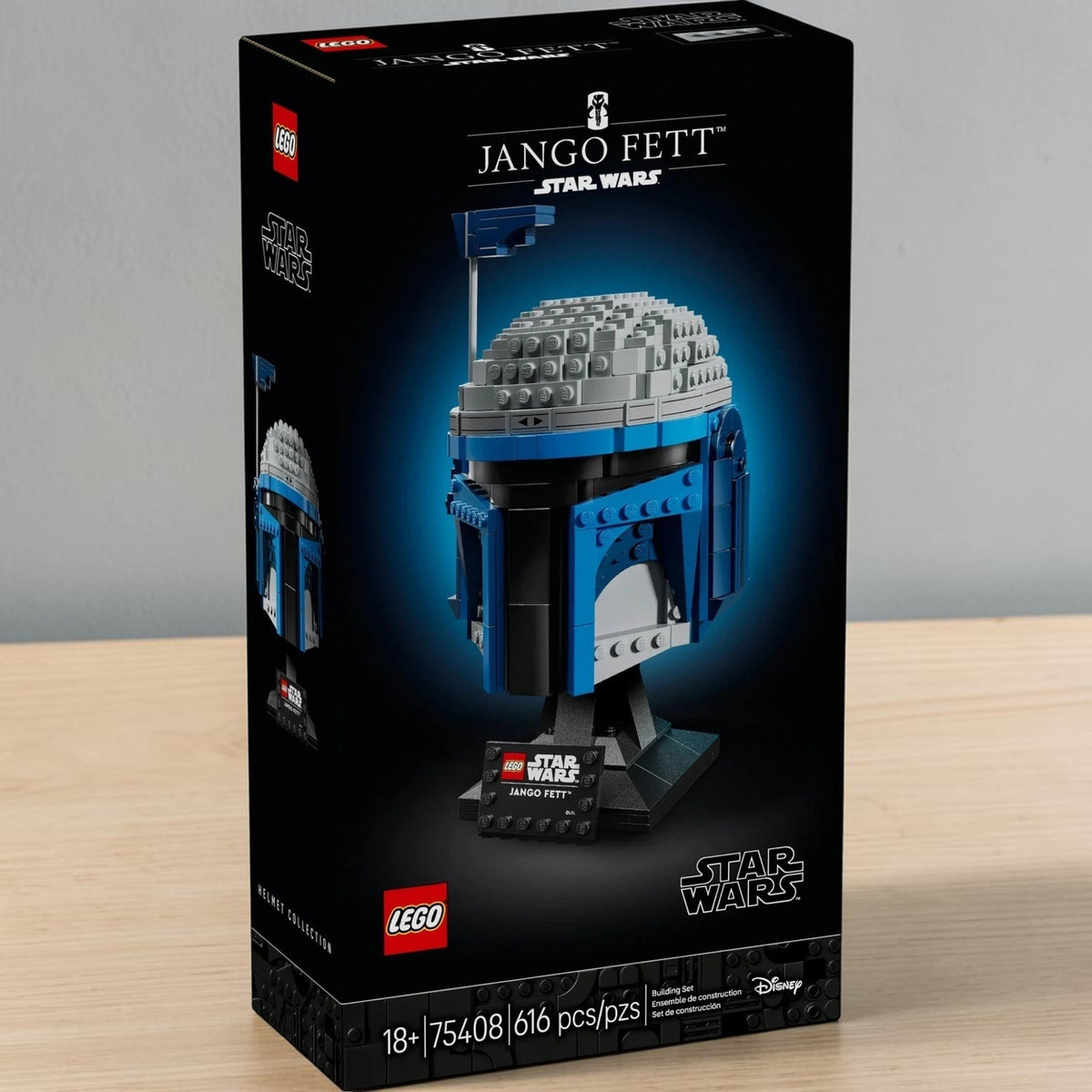 [lifestyle-shelf-box] A Brick Apart LEGO Star Wars Jango Fett Helmet building set box featuring the blue and grey display model.