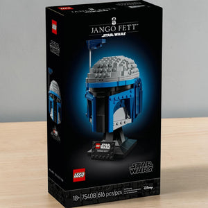 [lifestyle-shelf-box] A Brick Apart LEGO Star Wars Jango Fett Helmet building set box featuring the blue and grey display model.