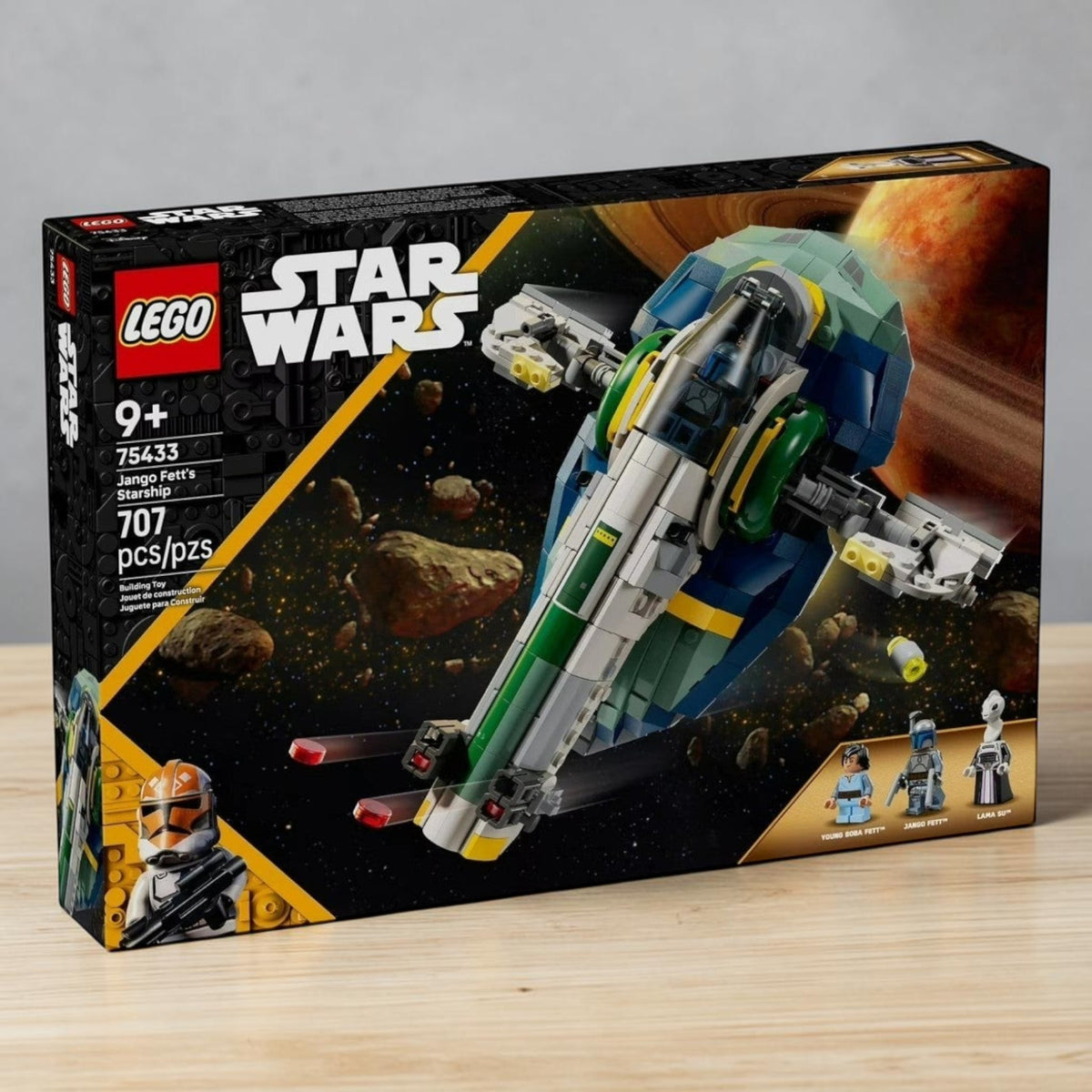 [lifestyle-shelf-box] A Brick Apart LEGO Star Wars Jango Fett's Starship set with minifigures, display stand, and illustrated packaging box.